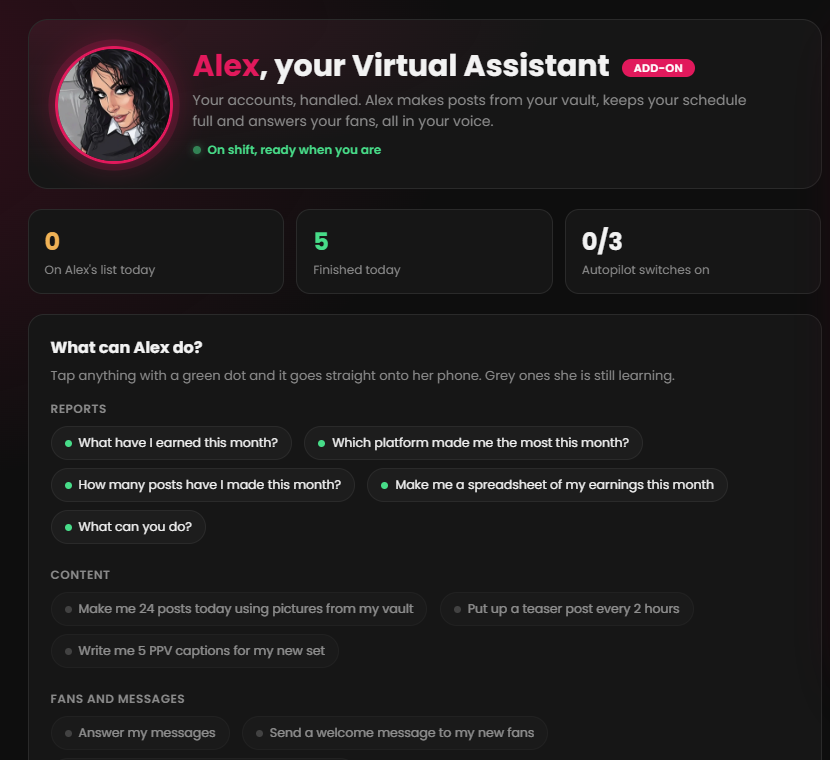 Alex, your Virtual Assistant, inside the KinkCoach Hub