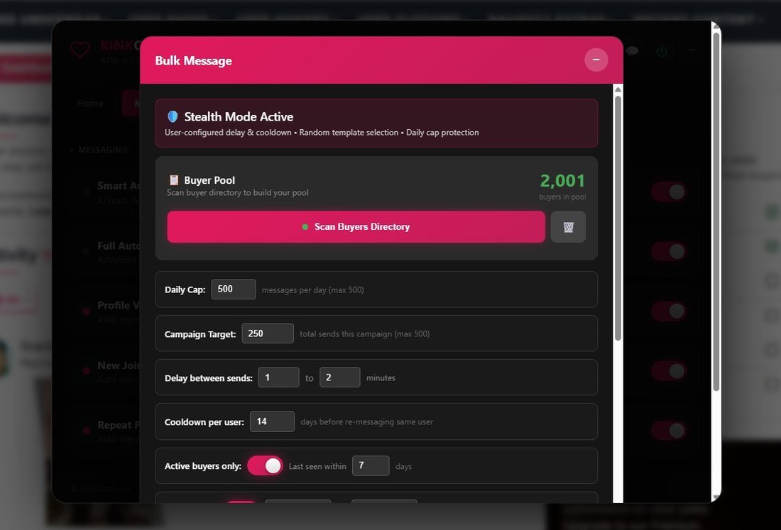 Bulk Message settings showing 2001 buyers in pool with careful pacing and daily caps