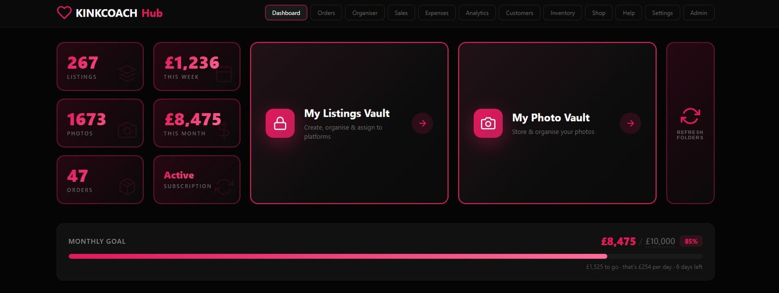 KC Hub Dashboard with stats and monthly goal tracker