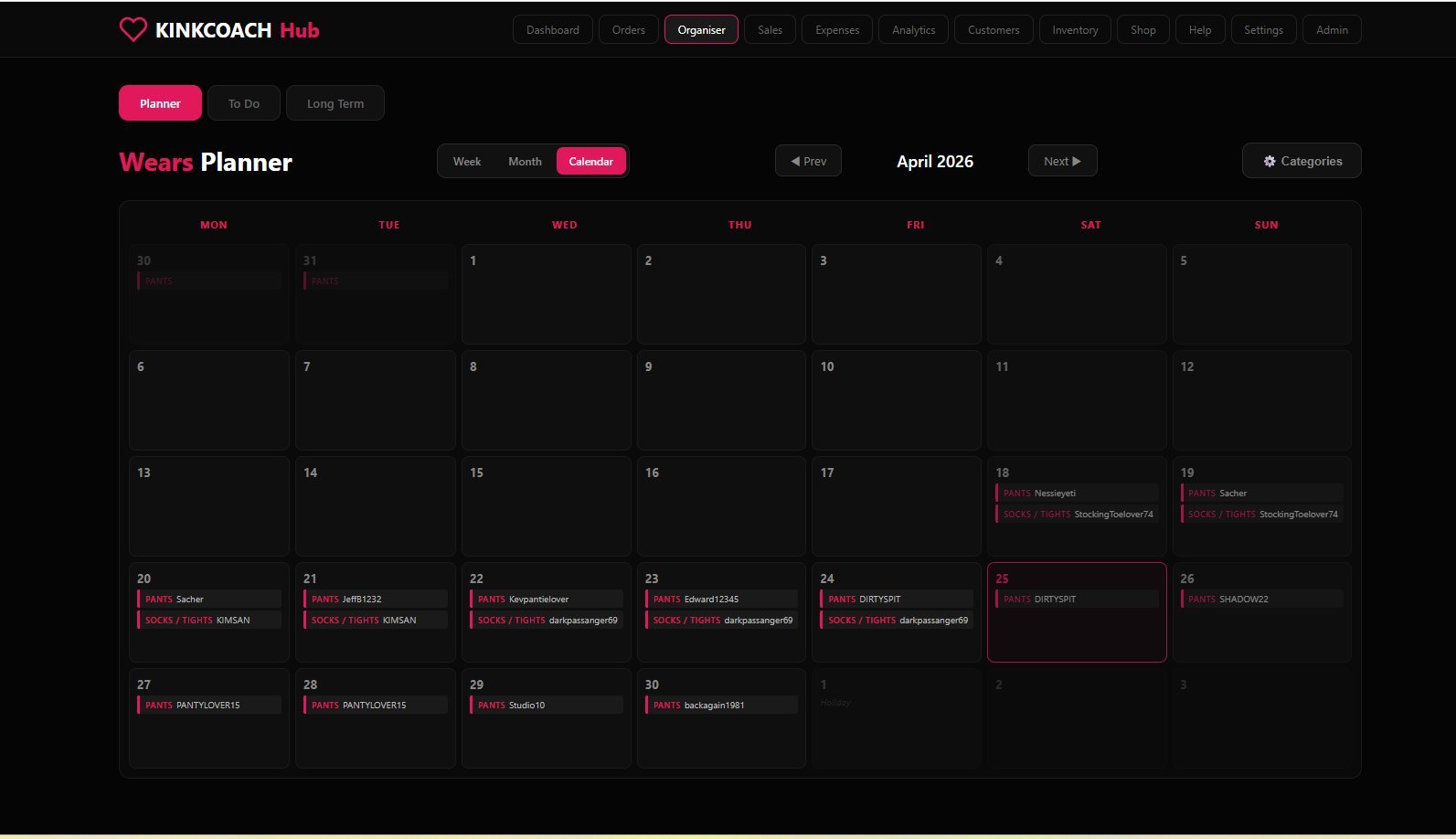 Wears Planner weekly view with categorised columns