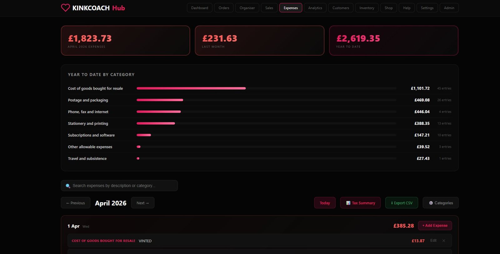 Expenses page with HMRC categories and year-to-date bar chart